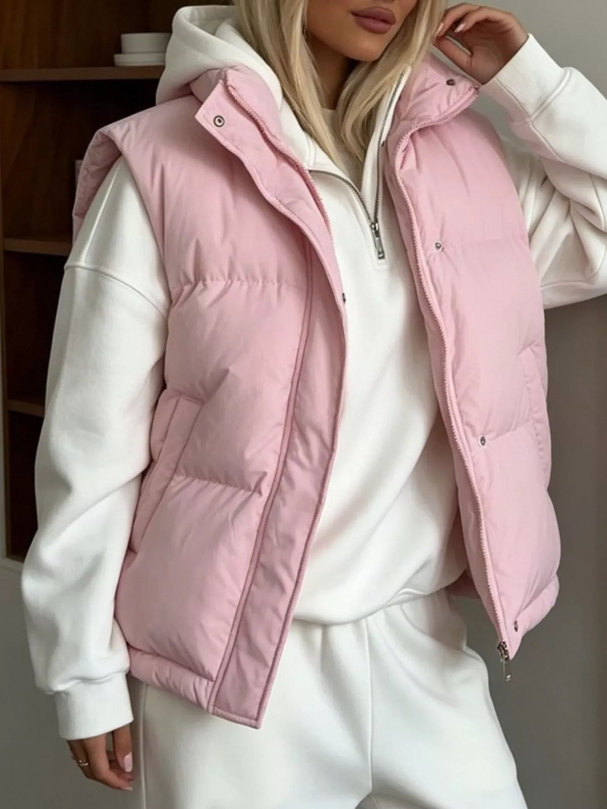 Snap-Button Placket Quilted Puffer Vest Coat