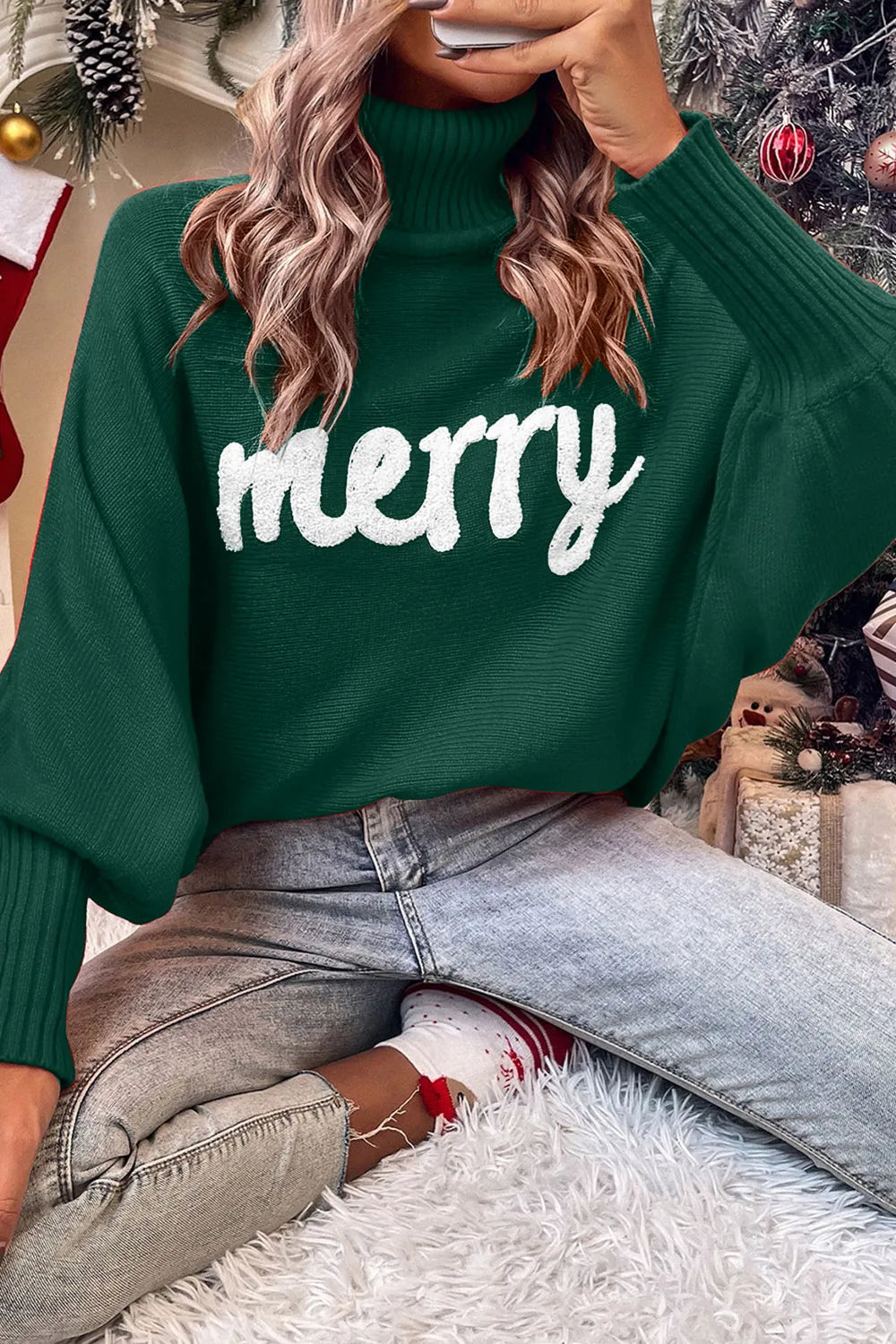 Double Take Full Size Merry Christmas Turtleneck Long Sleeve Sweater in Dark Green