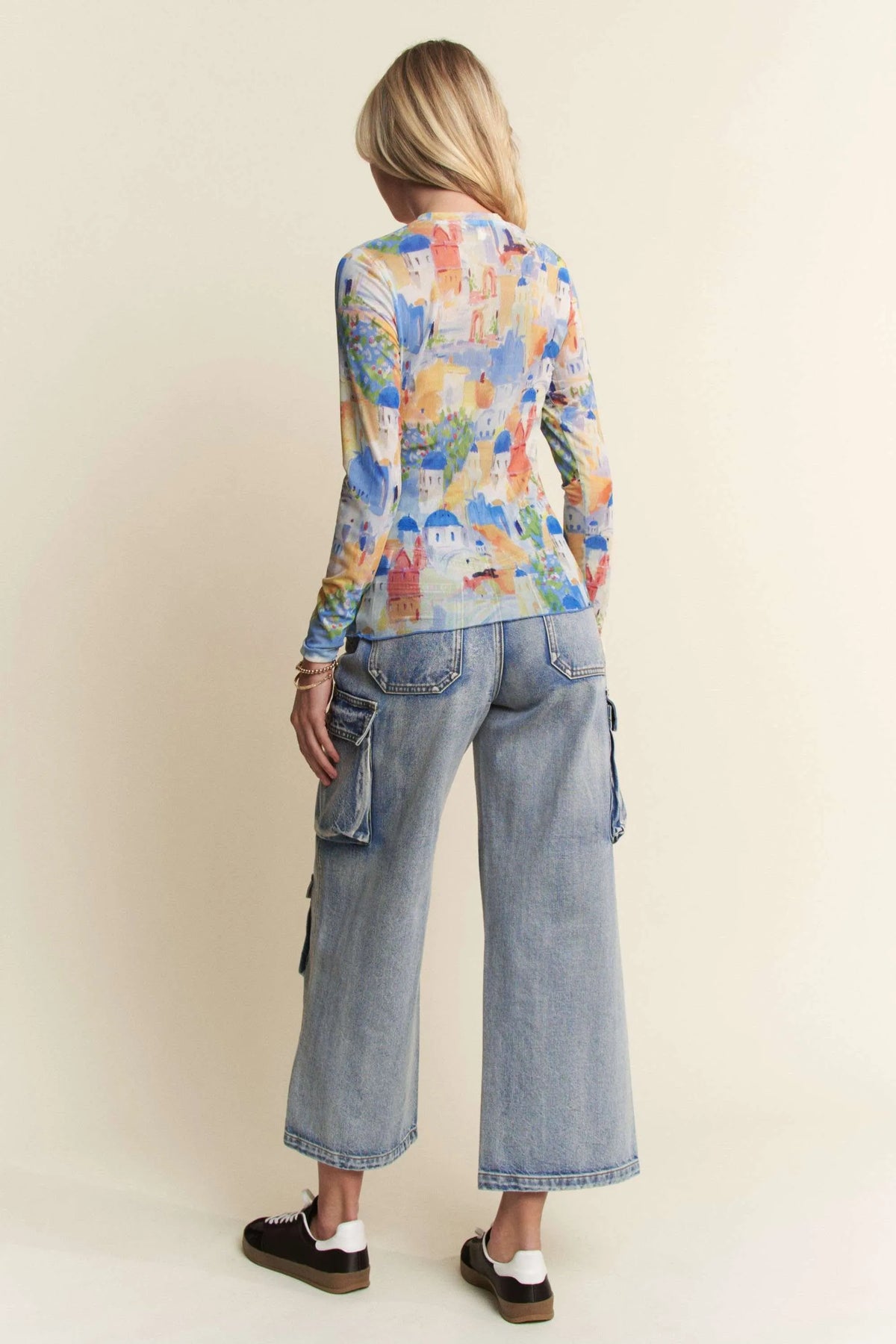 Davi & Dani Multi Printed Mesh Round Neck Long Sleeve Top - Lilixa.store