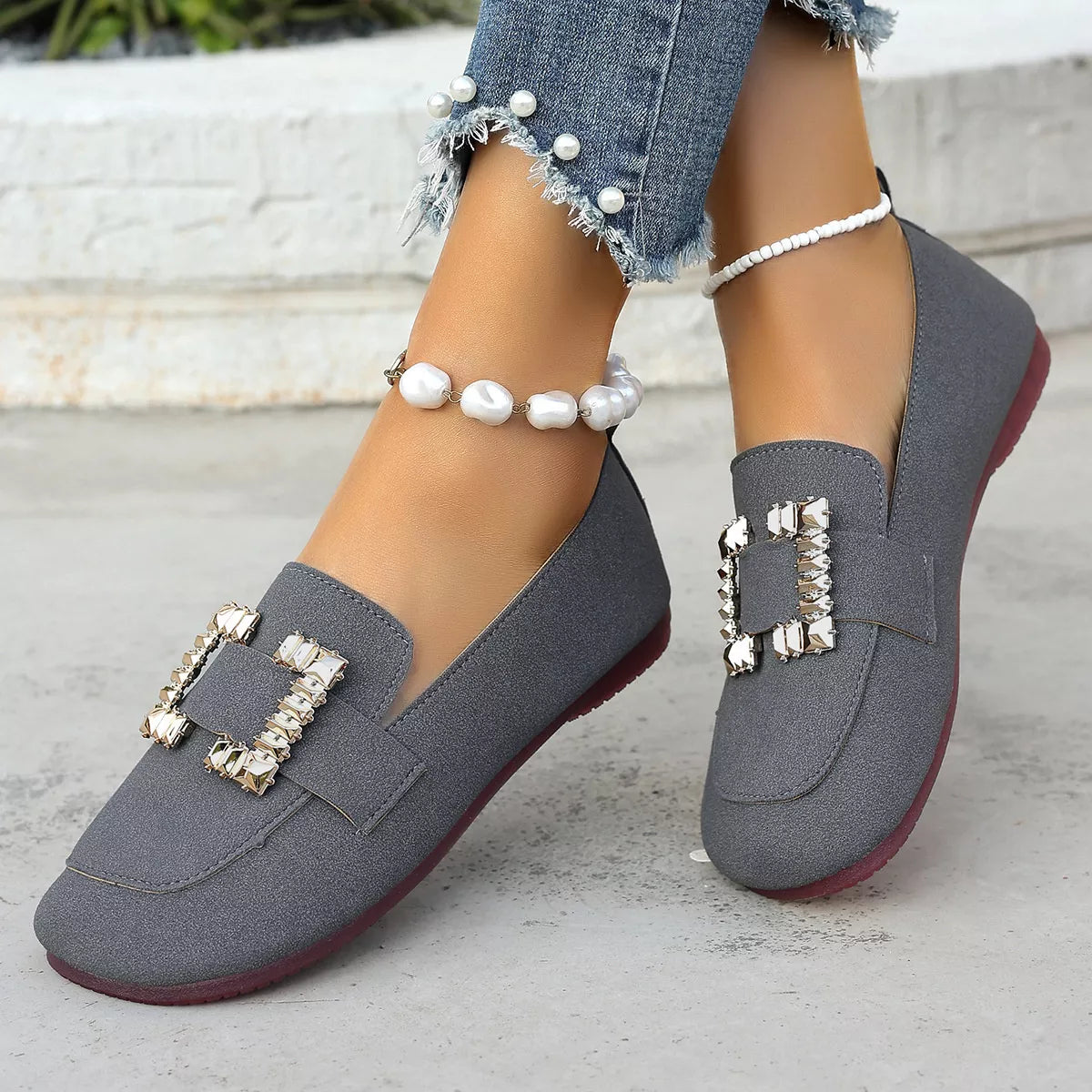 Decor Buckle Round Toe Slip-On in Dark Gray