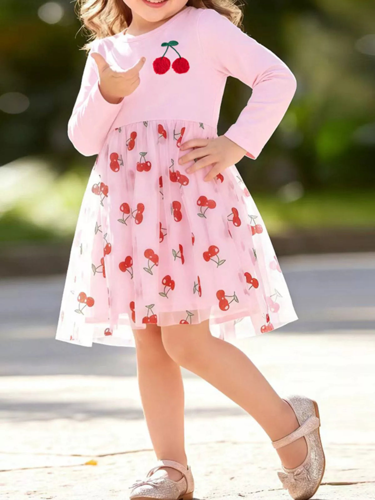 Children's Sweet Cherry Print Tulle Dress with Long Sleeves - Lilixa.store