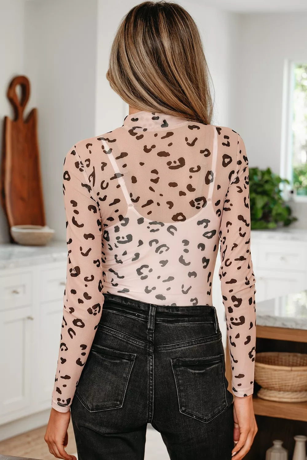 Mock Neck Sheer Mesh Leopard Long Sleeve Bodysuit - Lilixa.store