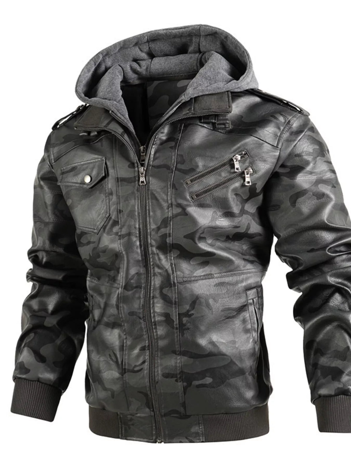 Men's Full Size Hooded Faux Leather Moto Jacket Plus Size - Lilixa.store