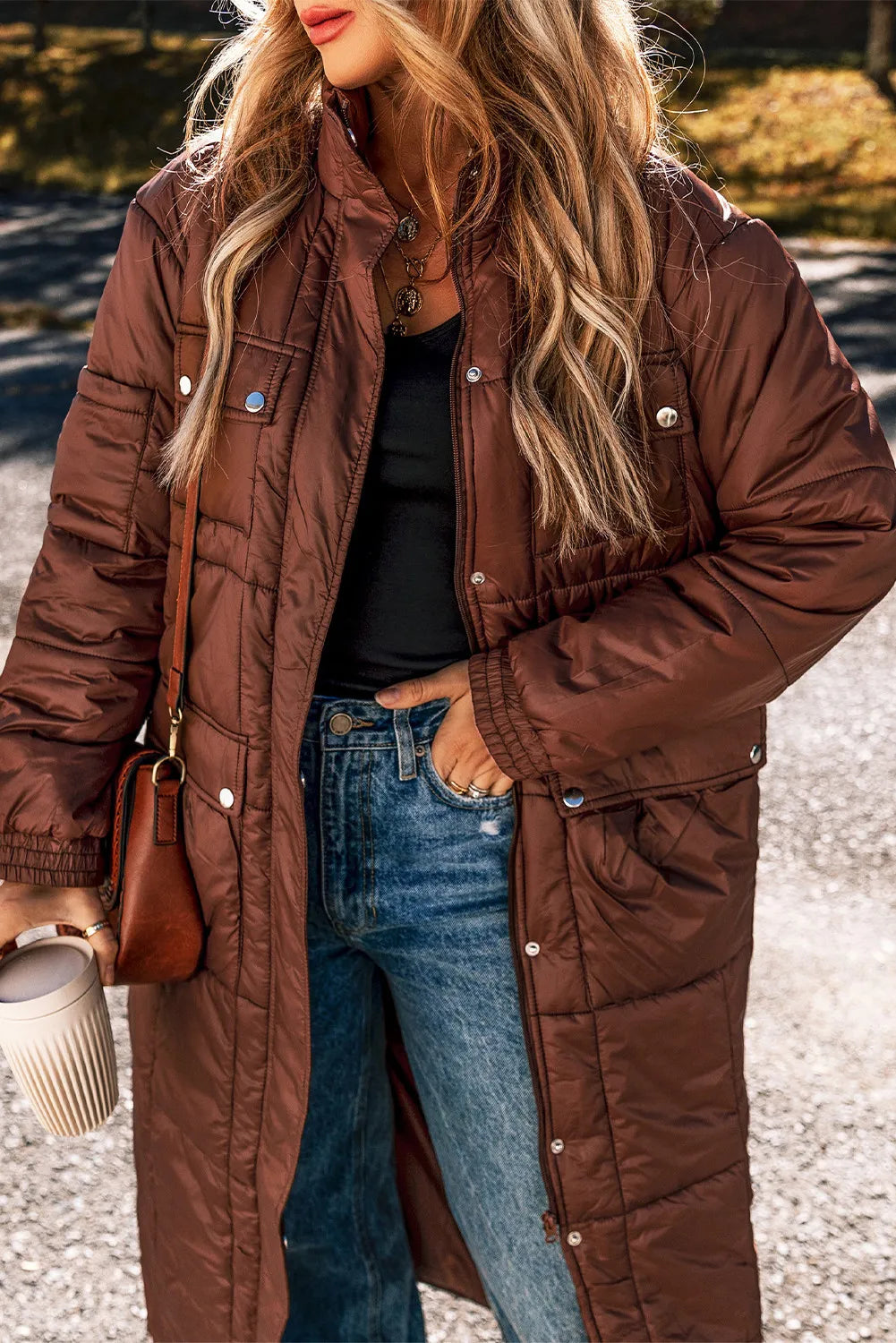 Pocketed Bubble Texture Long Sleeve Longline Winter Coat - Lilixa.store