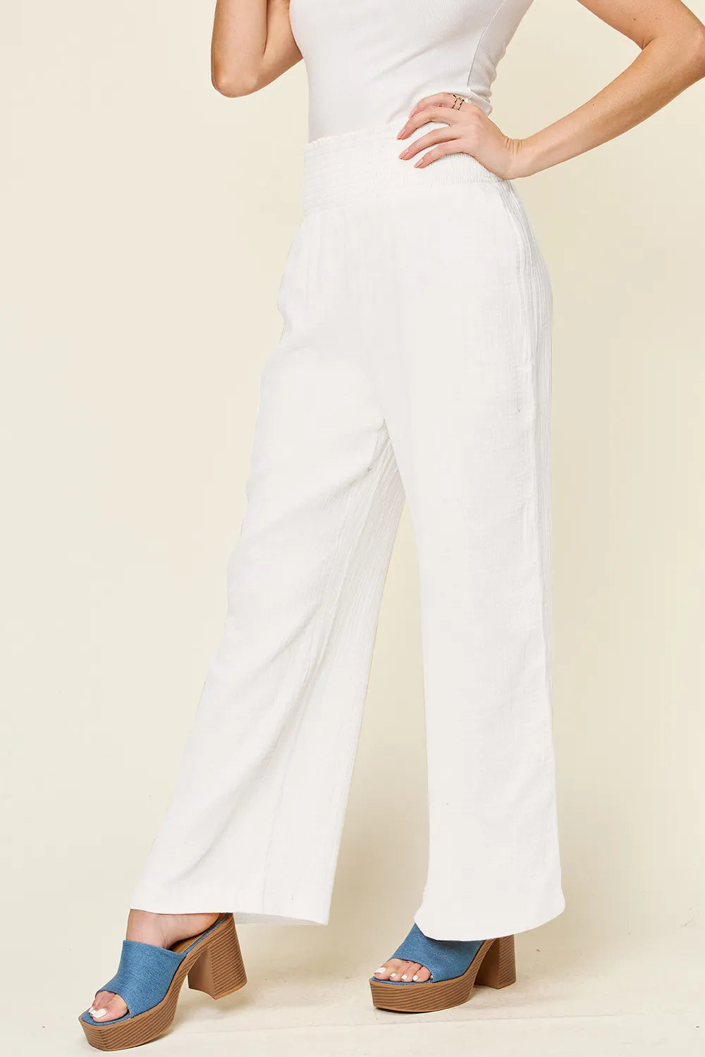 Double Take Full Size Texture Smocked Waist Wide Leg Pants - Lilixa.store