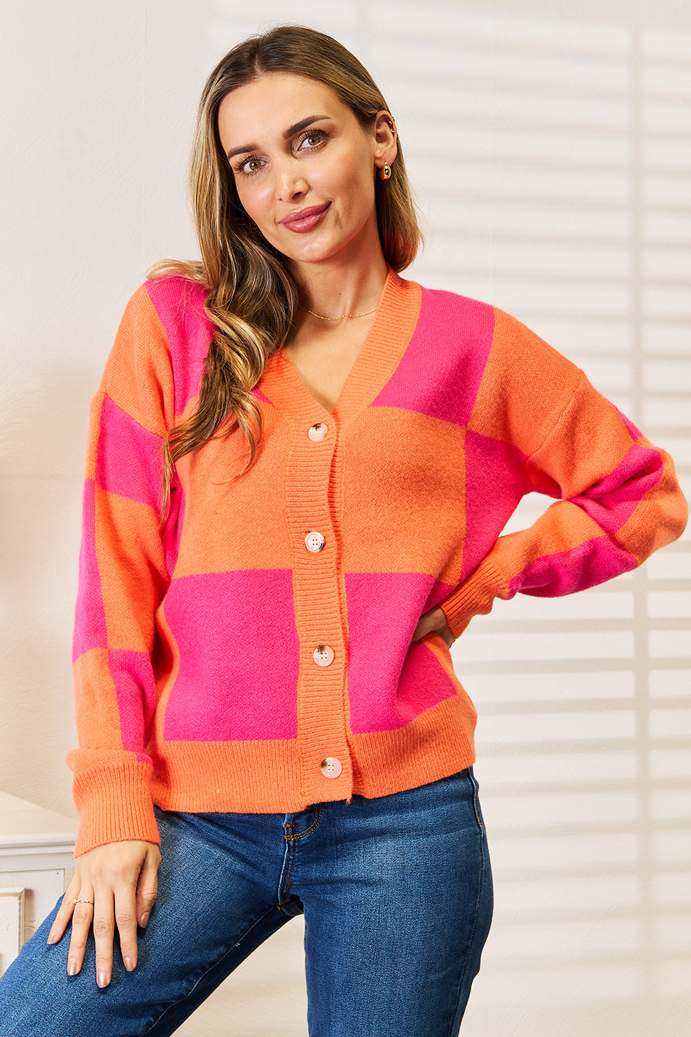 Angel Wings Woven Right Checkered V-Neck Dropped Shoulder Cardigan - Lilixa.store
