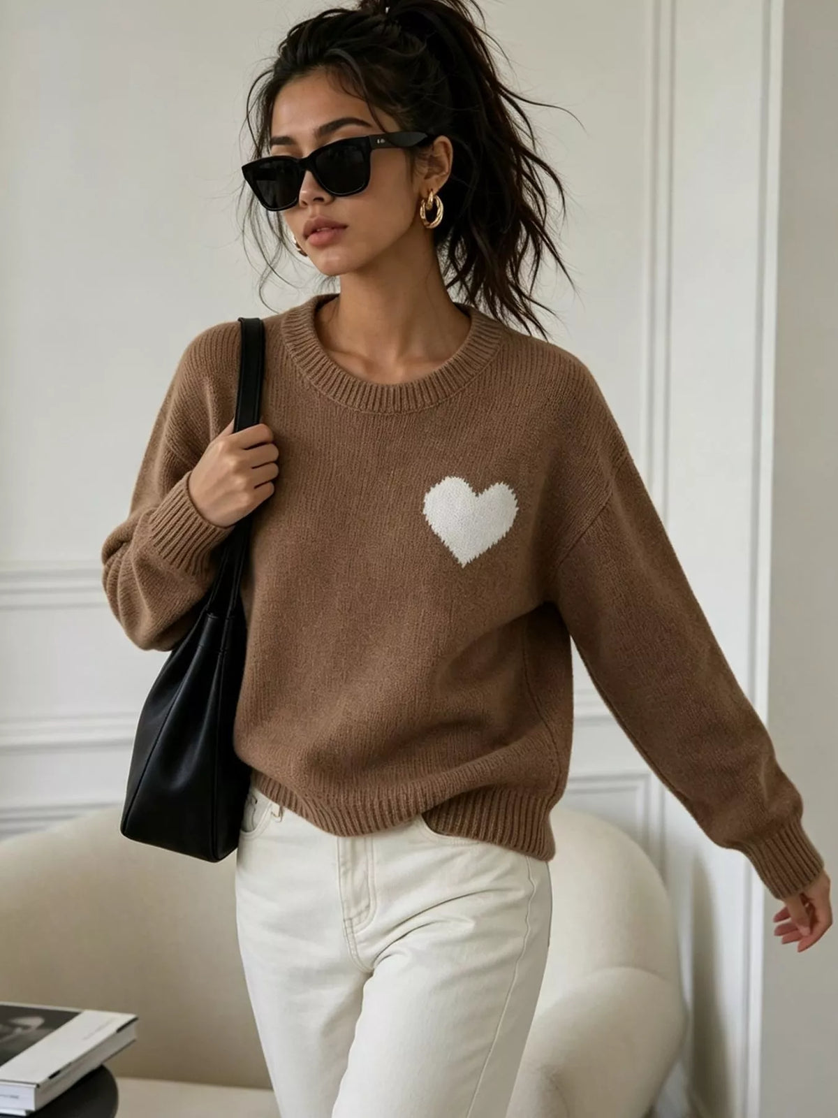 Heart Pattern Round Neck Sweater, view 2