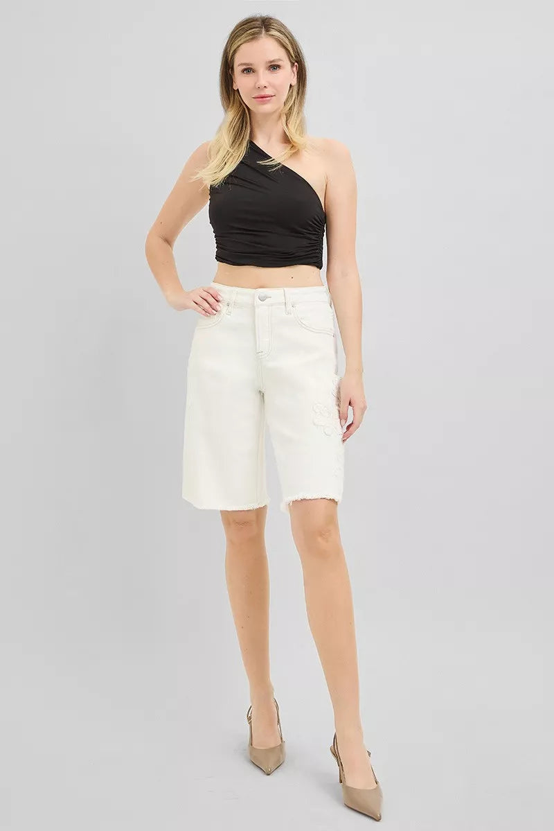 RISEN Slouchy Relaxed Floral Embroidered Bermuda Denim Shorts in Cream, view 8