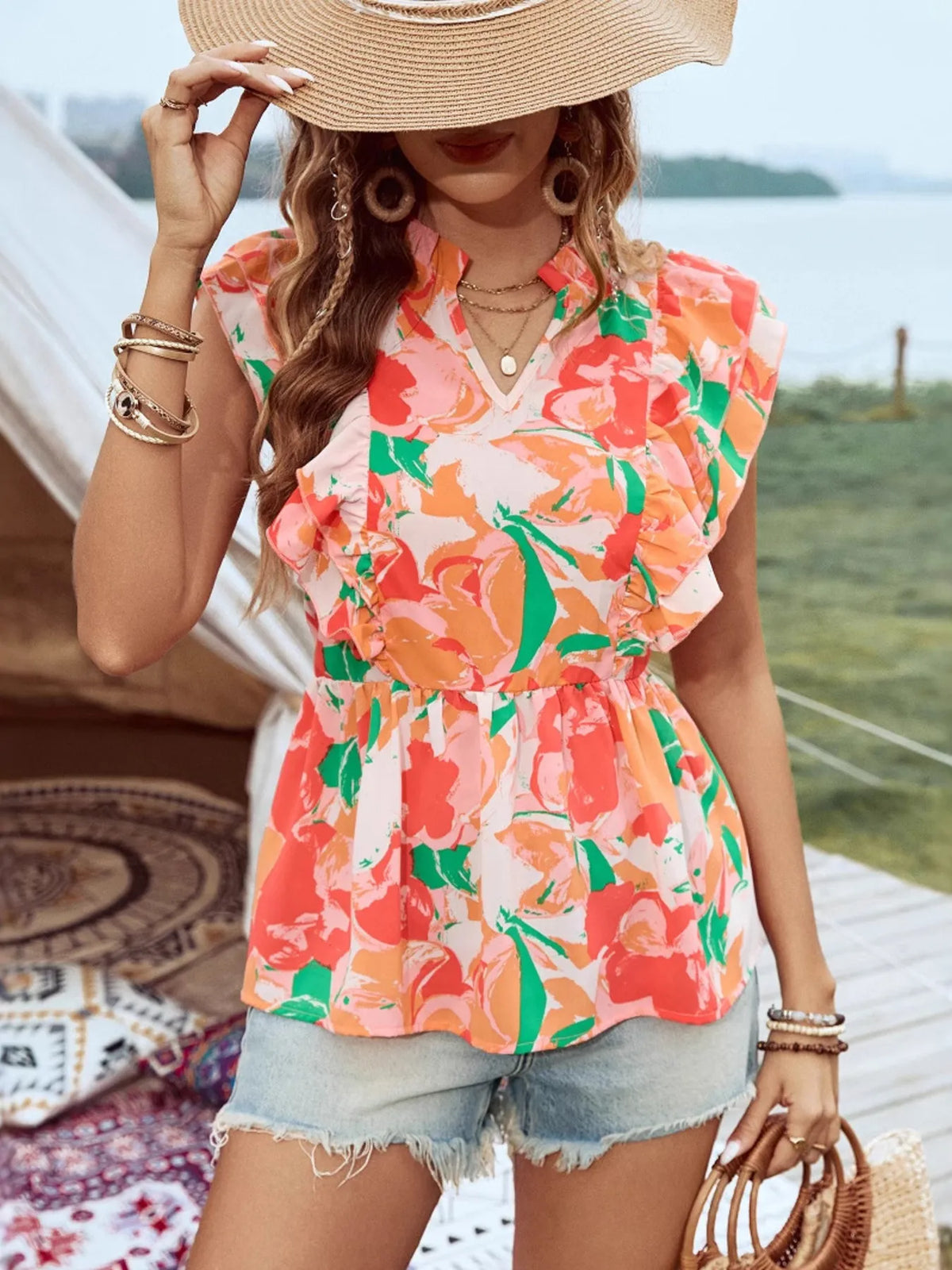 Floral Ruffle Cap Sleeve Blouse - Lilixa.store
