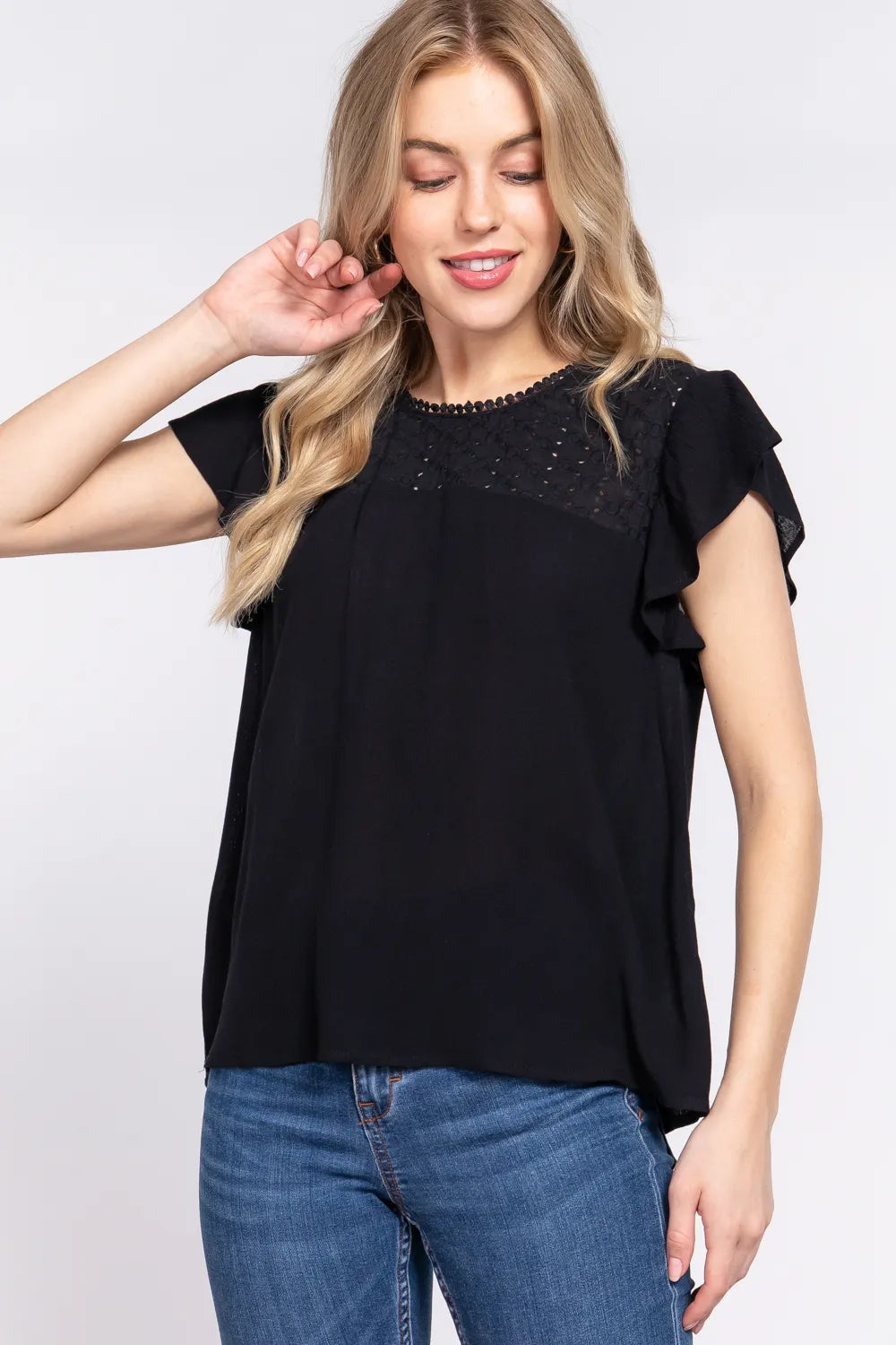 ACTIVE BASIC Ruffle Short Sleeve Crochet Blouse - Lilixa.store