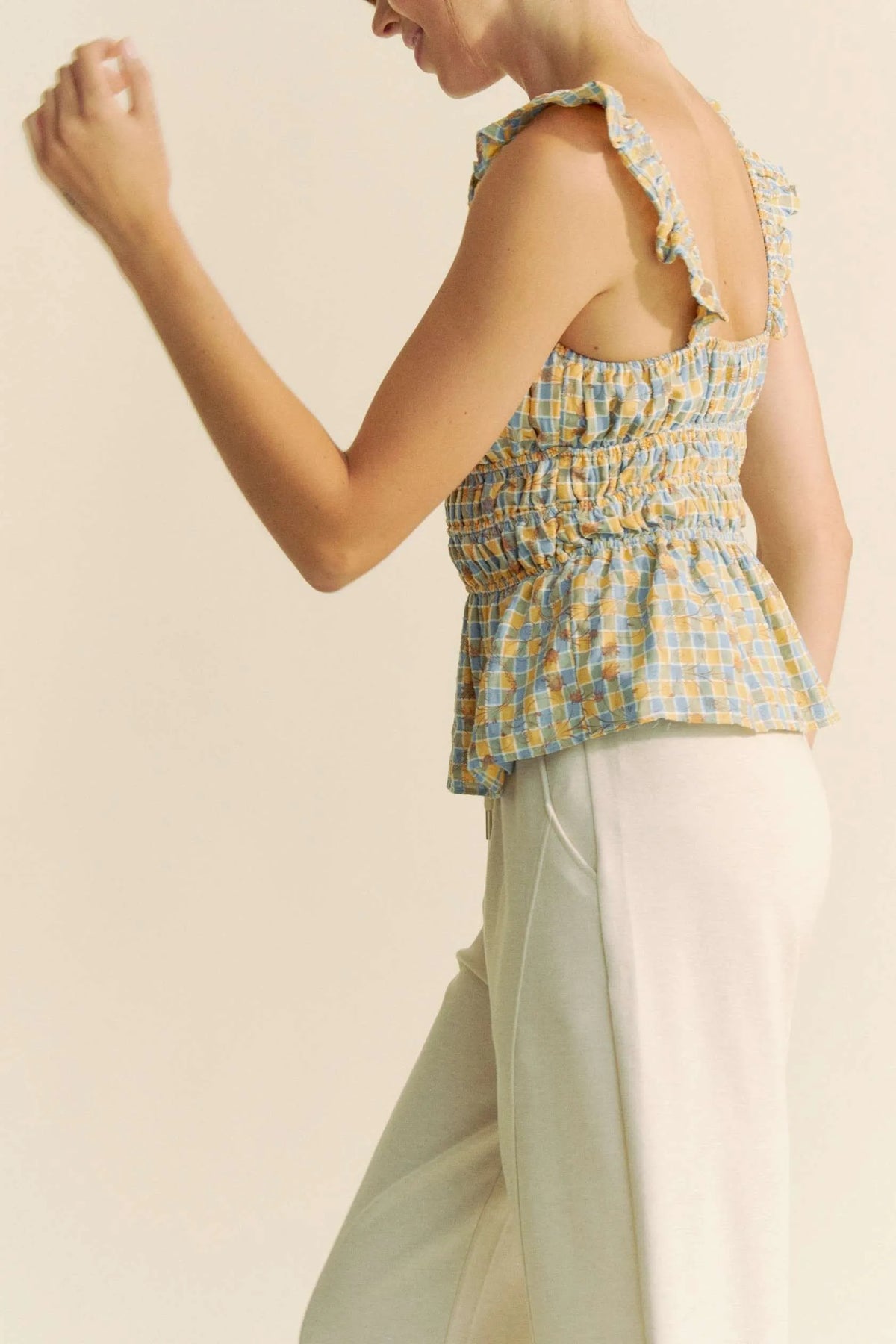 Davi & Dani Plaid Ruffled Strap Smocked Sleeveless Top - Lilixa.store