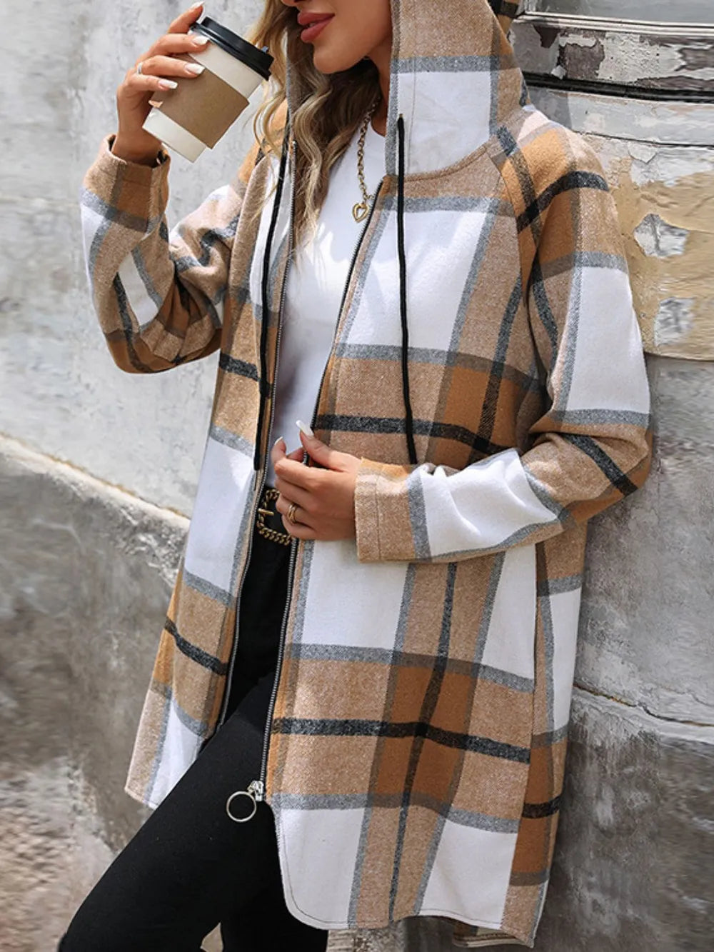 Drawstring Plaid Zip Up Long Sleeve Hooded Outerwear - Lilixa.store