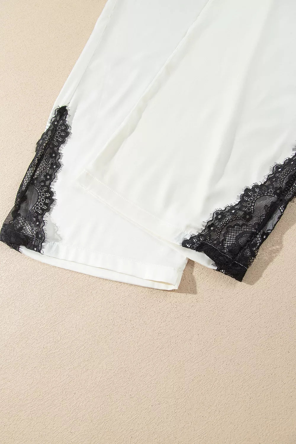 Long Sleeve Lace Trim Button Front Pajama Set in White, view 10