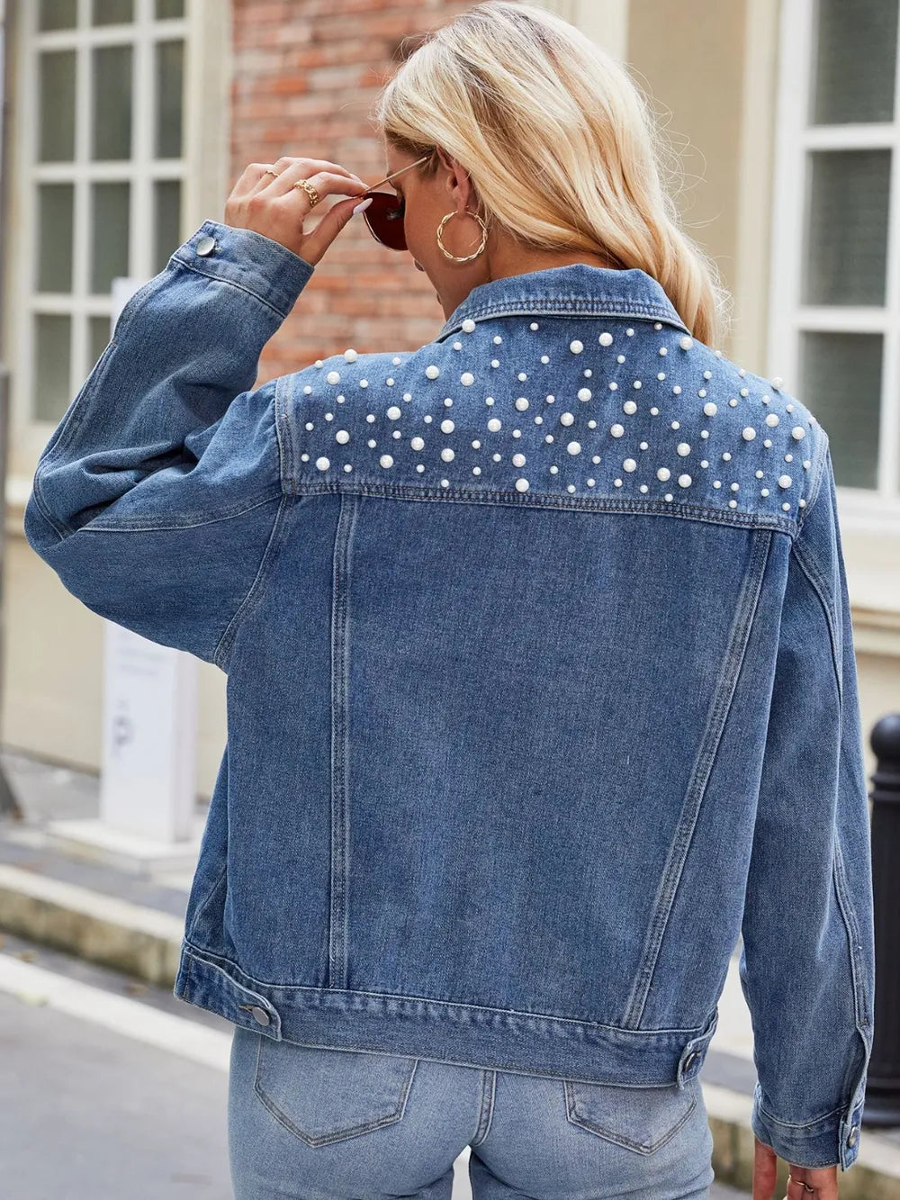 Pearl Detail Collared Neck Long Sleeve Denim Jacket in Black, view 7