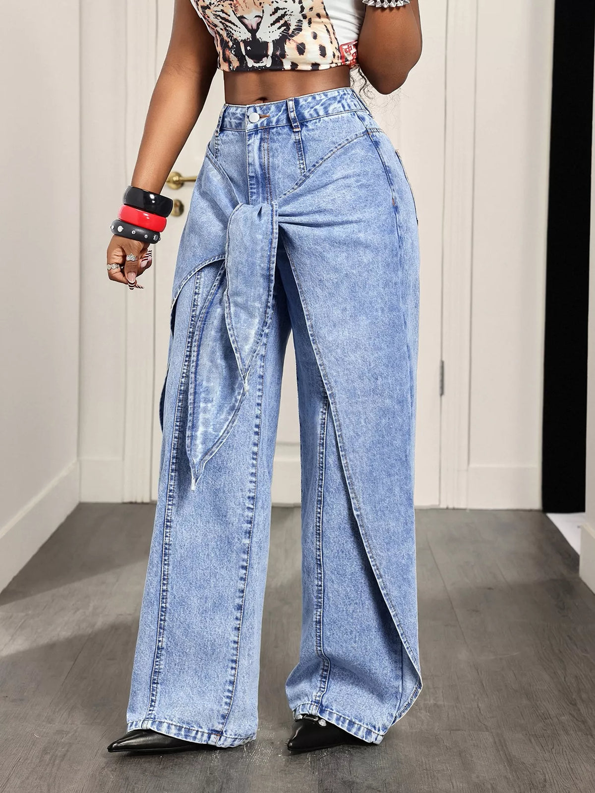 High-Waisted Ruffled Wide-Leg Jeans - Lilixa.store