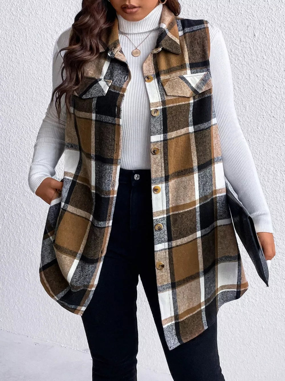Honey Plus Size Pocketed Plaid Button Up Vest Coat, view 4