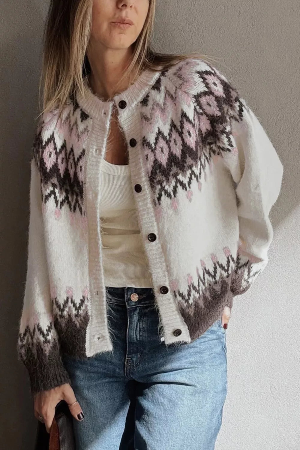 Geometric Pattern Brushed Knit Button Cardigan - Lilixa.store