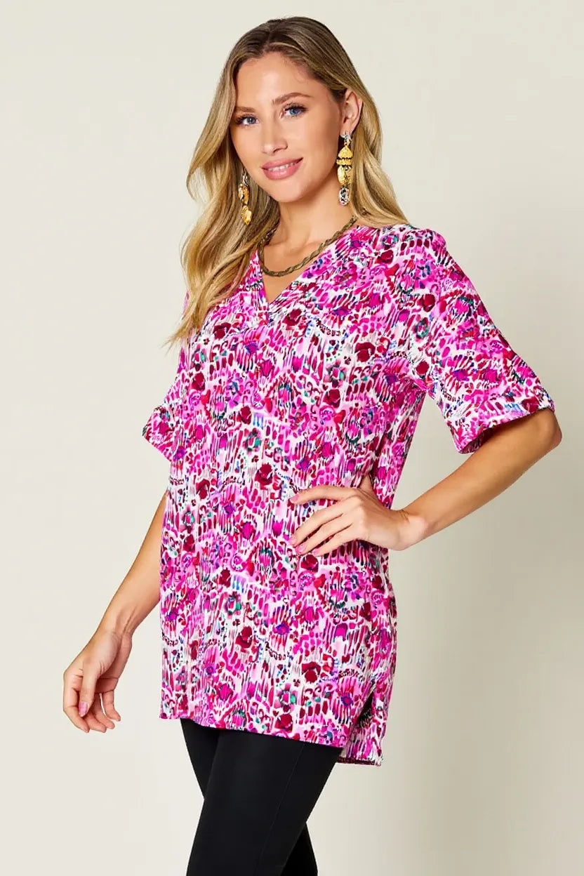 Double Take Full Size Printed V-Neck Short Sleeve Blouse - Lilixa.store