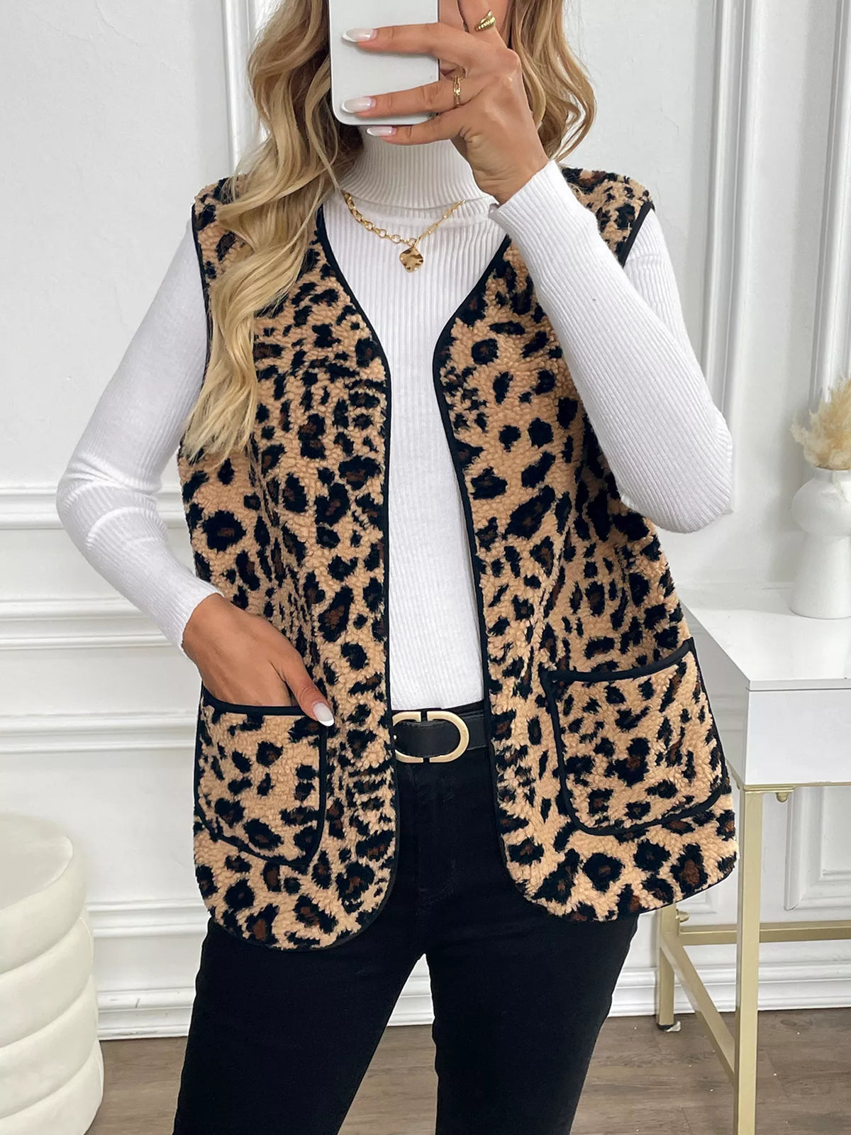Leopard Fleece Vest Coat with Pockets in Coffee Brown, view 2