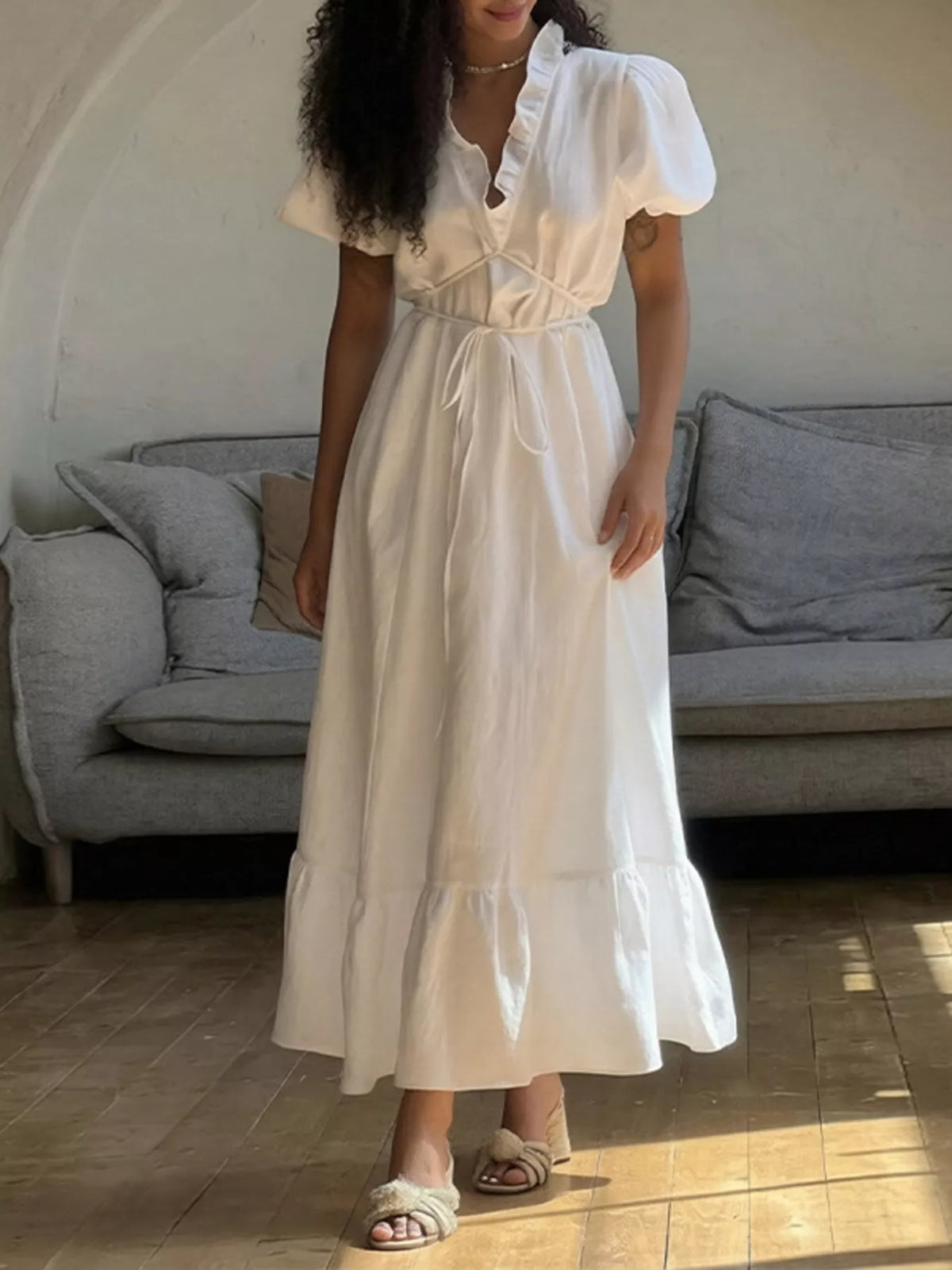 Full Size Puff Sleeve Ruffle Trim Maxi Dress Plus Size, view 2