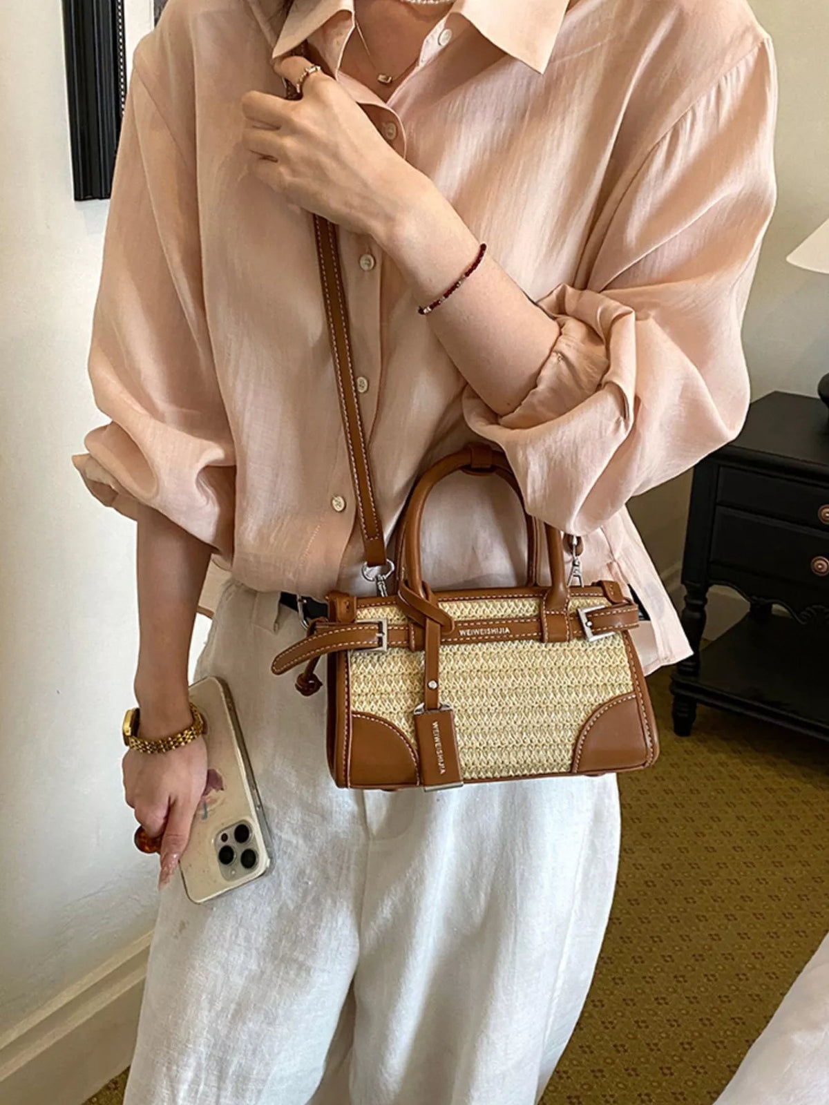 Leather Trim Woven Crossbody Bag