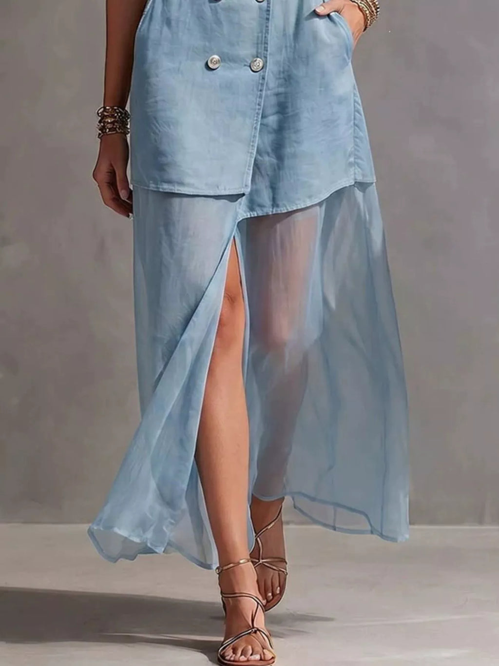 Sleeveless Double-Breasted Denim Maxi Dress - Lilixa.store