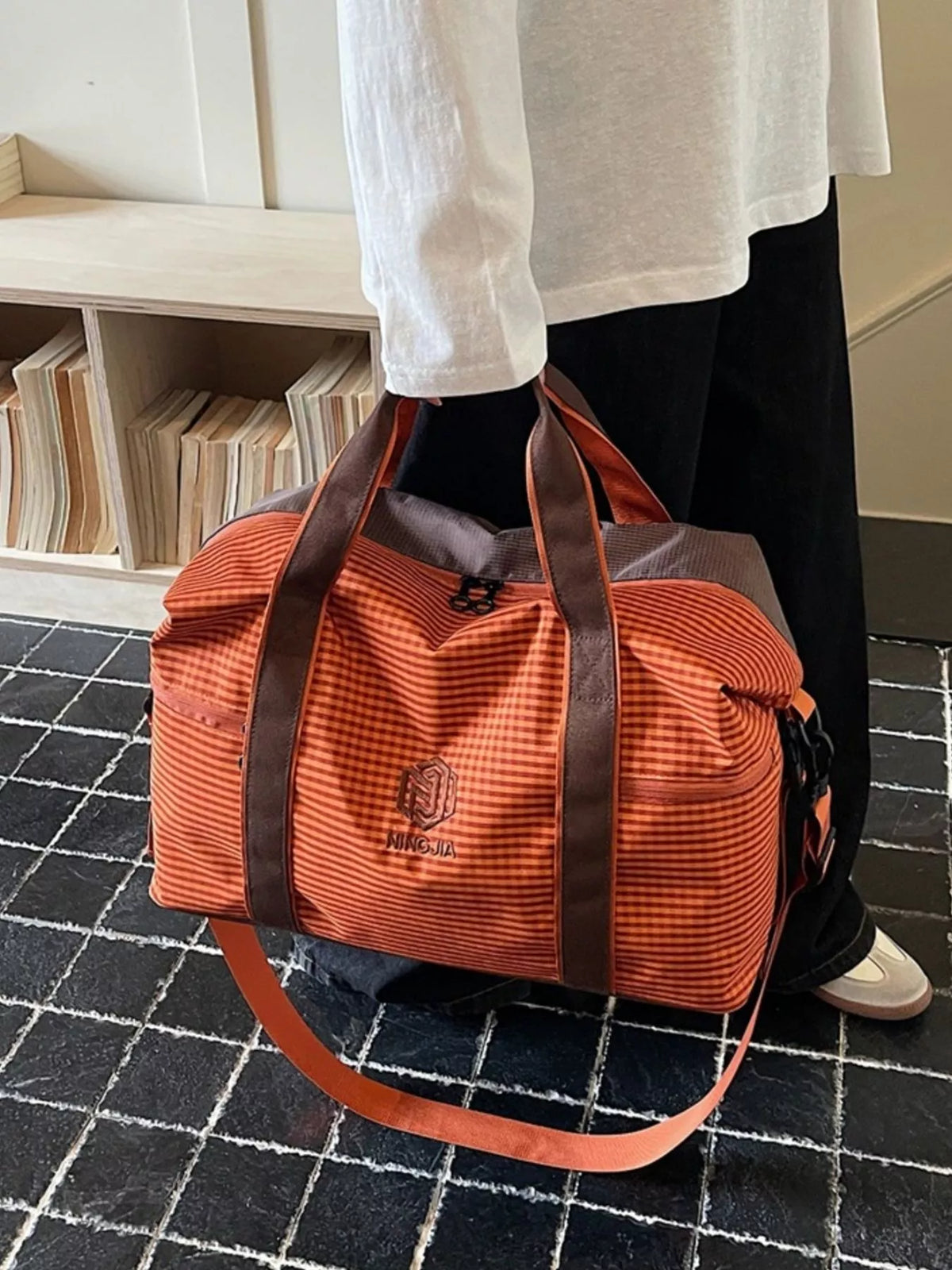 Plaid Oxford Cloth Travel Bag in Orange