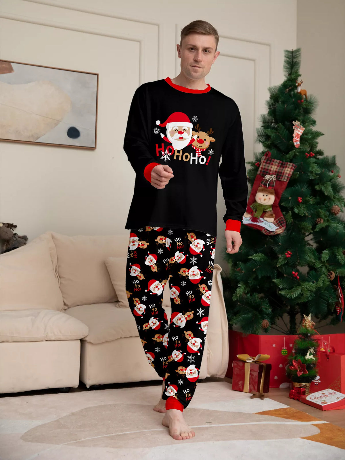 Full Size Matching Family Christmas Pajamas Set with Santa and Reindeer Print Plus Size