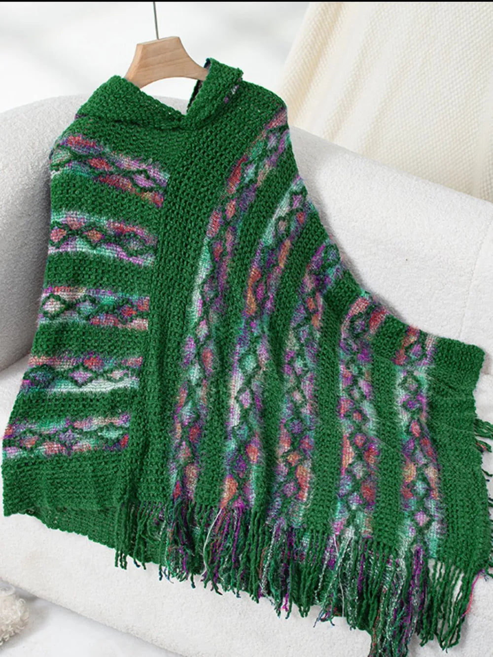 Fringe Contrast Hooded Poncho in Dark Green