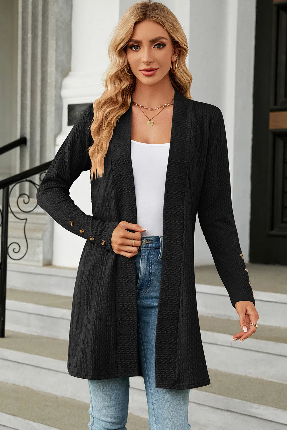 Open Front Long Sleeve Cardigan in Black