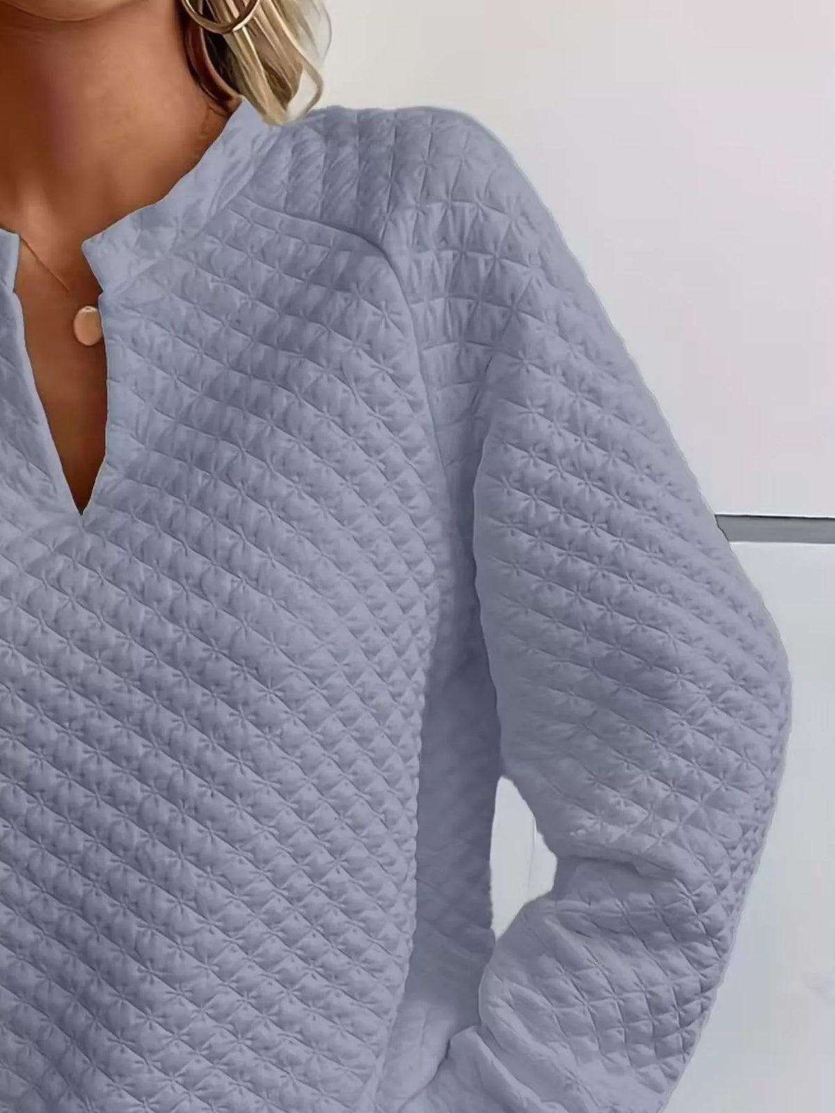 Quilted Texture Long Sleeve Sweatshirt with Notched Neck - Lilixa.store