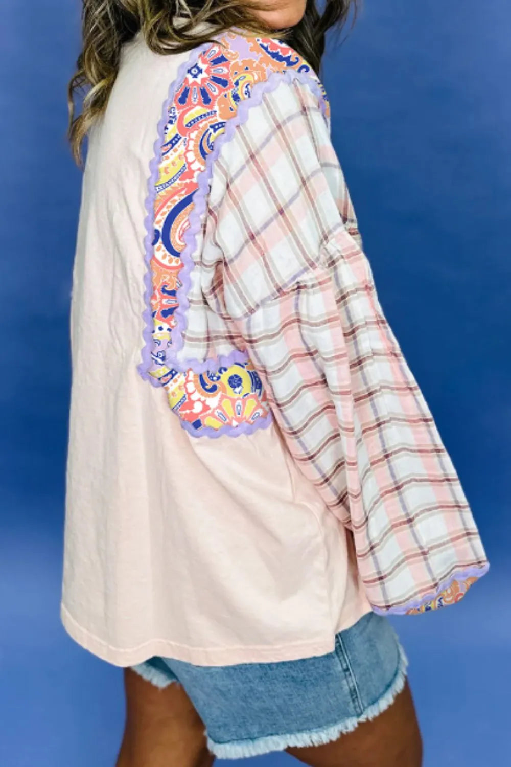 Paisley Print Plaid Long Sleeve Oversized Top in Blush Pink, view 3