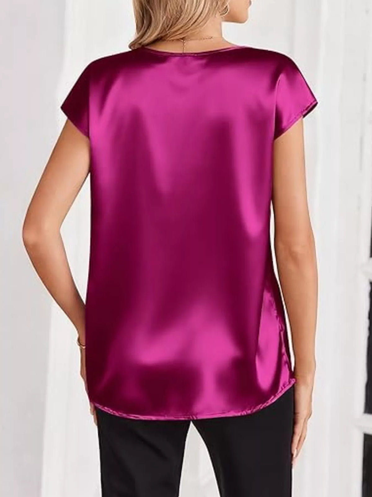 Satin V-Neck Short Sleeve Blouse - Lilixa.store