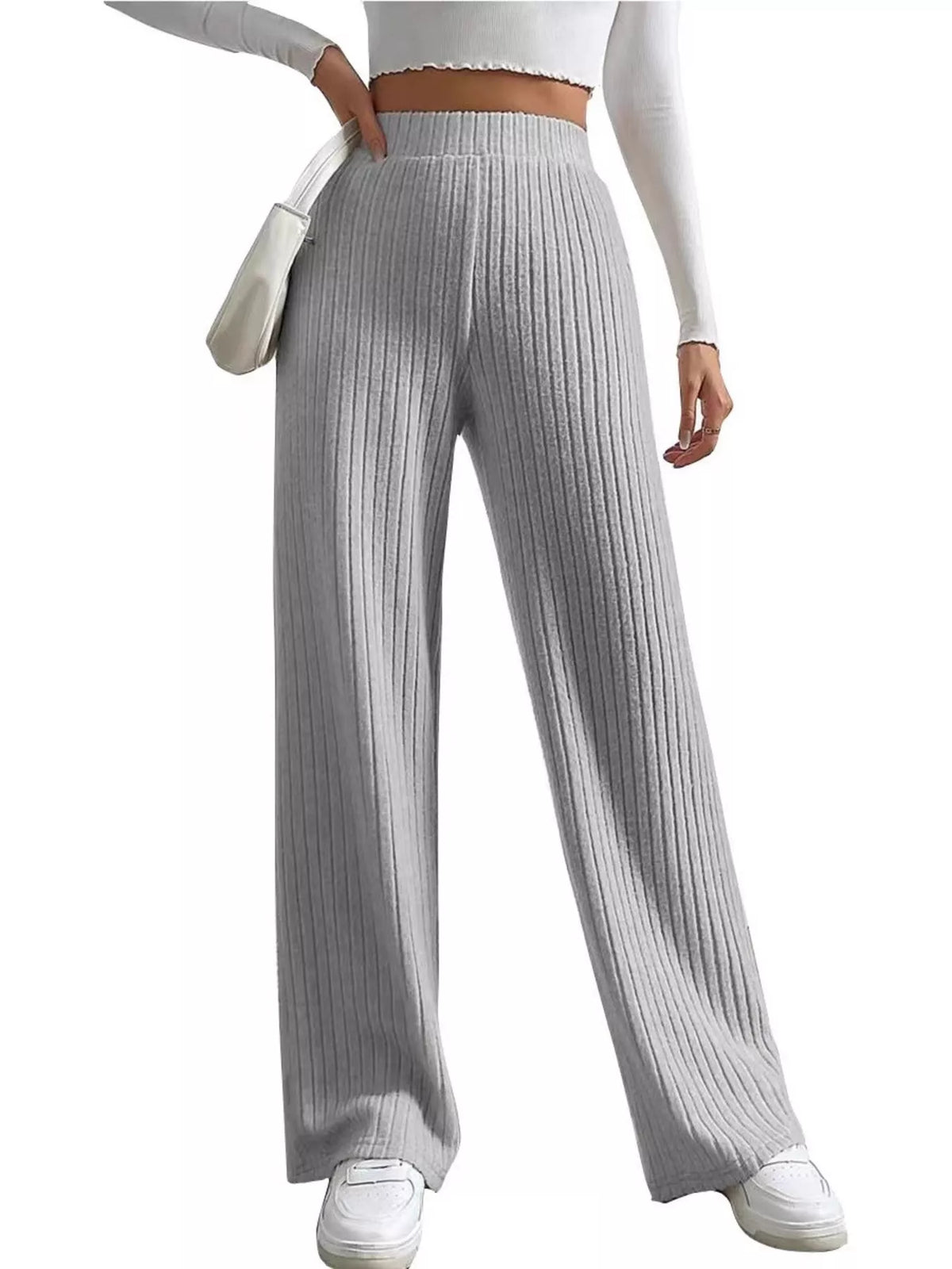 Ribbed Knit Wide-Leg Sweater Pants in Light Gray