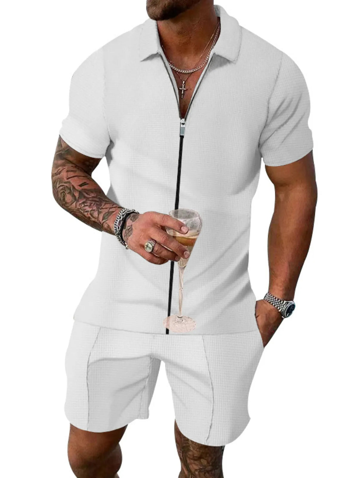 Men's Plus Size Zip Up Short Sleeve Top and Shorts Set in White