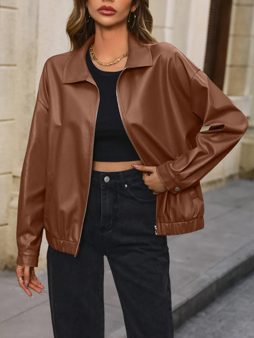 Ivy Lane Pocketed Zip Up Collared Neck Jacket, view 5