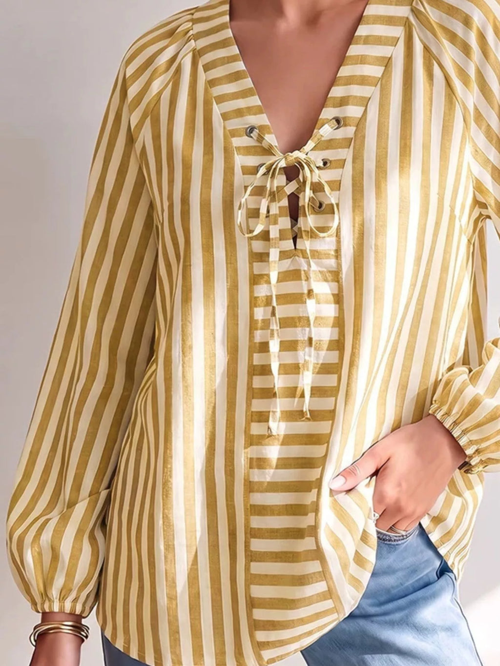 Striped Tie Front Long Sleeve Blouse - Lilixa.store