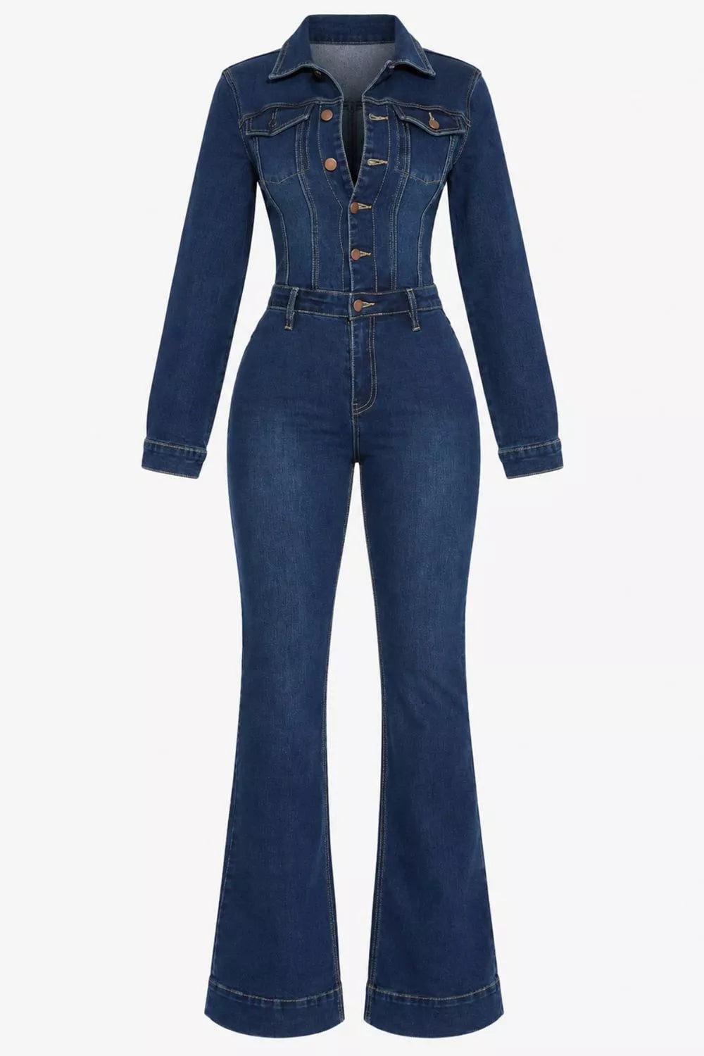 Slim-Fit Long Sleeve Denim Jumpsuit with Flared Legs in Dark Blue, view 8