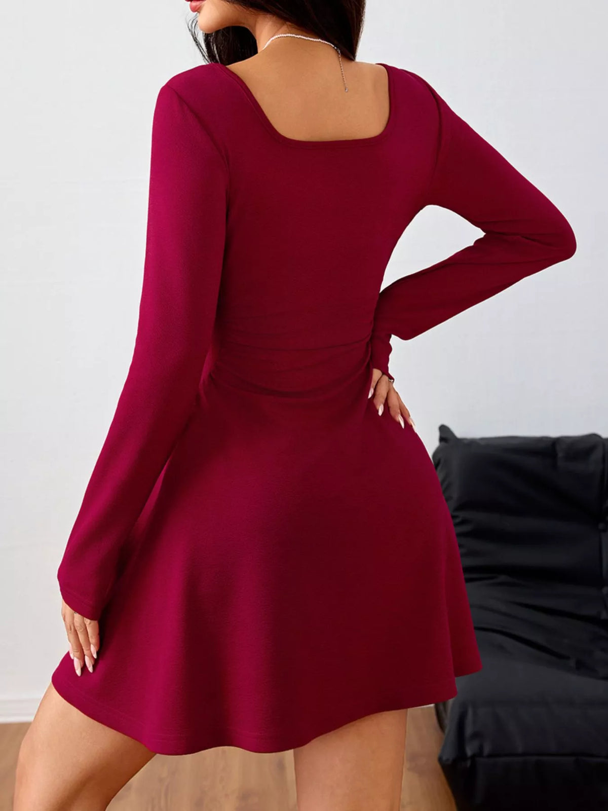 Square Neck Long Sleeve Ruched Waist Mini Dress, view 4