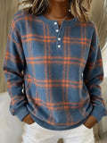 Full Size Plaid Button Detail Long Sleeve Sweatshirt Plus Size - Lilixa.store