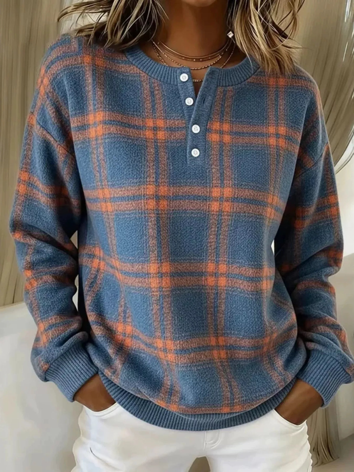 Full Size Plaid Button Detail Long Sleeve Sweatshirt Plus Size - Lilixa.store