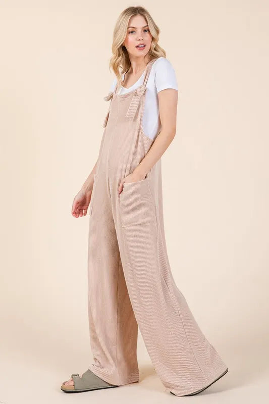 BOMBOM Knot Straps Wide Leg Ribbed Overalls with Pockets - Lilixa.store