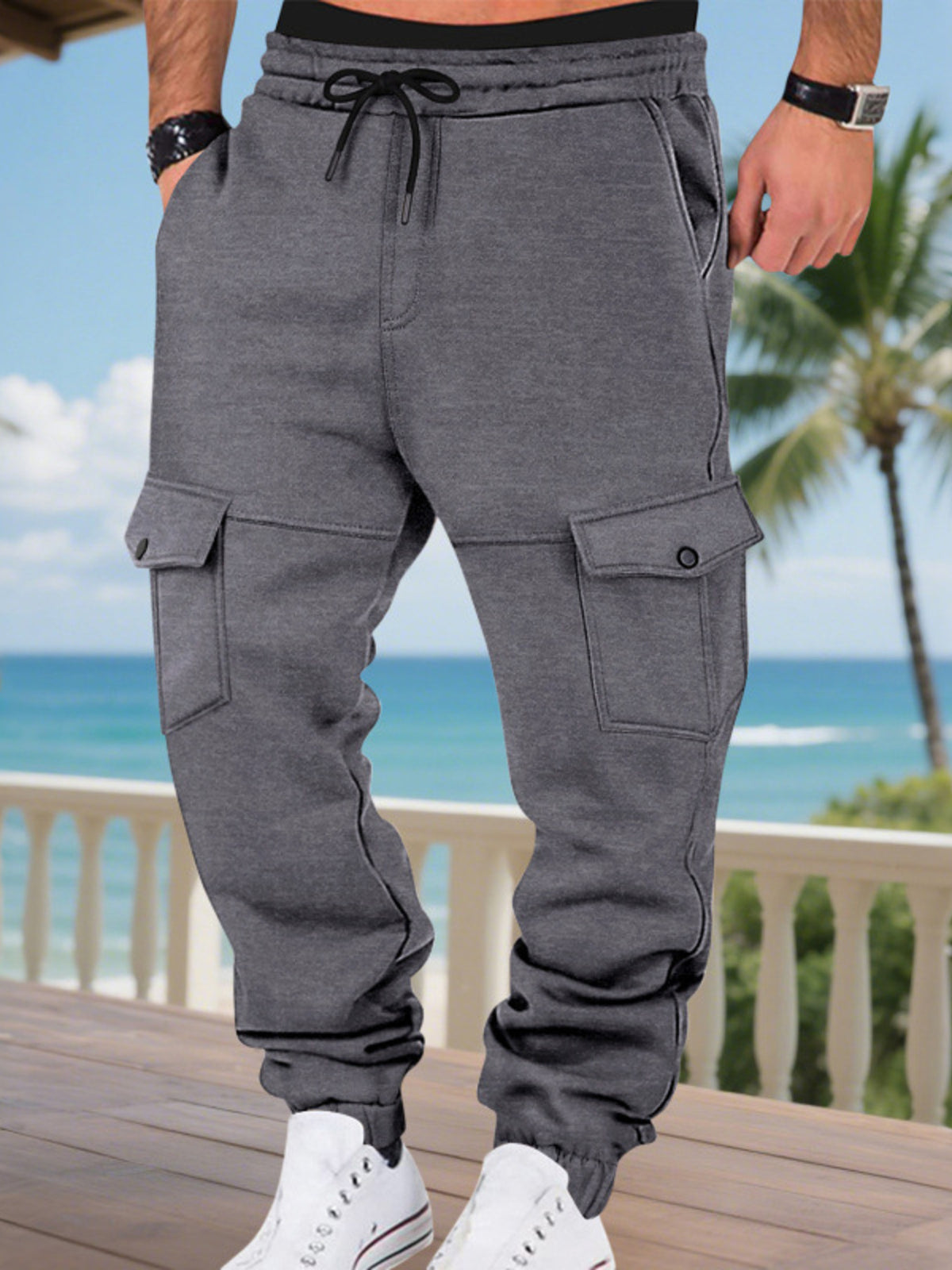 Men's Full Size Cargo Joggers with Multi-Pockets Plus Size in Dark Gray