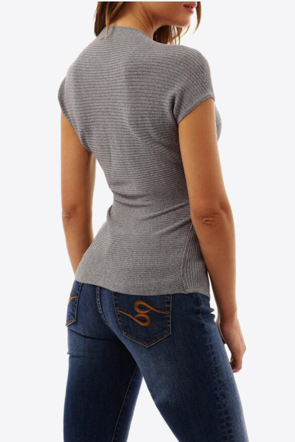 Ivy Lane Ribbed Surplice Neck Slit Top in Gray Dawn, view 2
