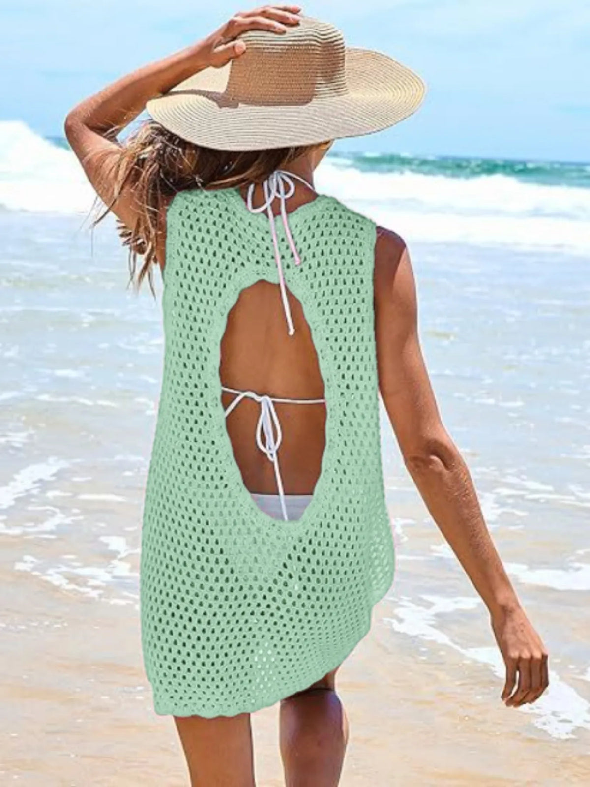 Color Block Openwork Sleeveless Cutout Back Cover-Up - Lilixa.store