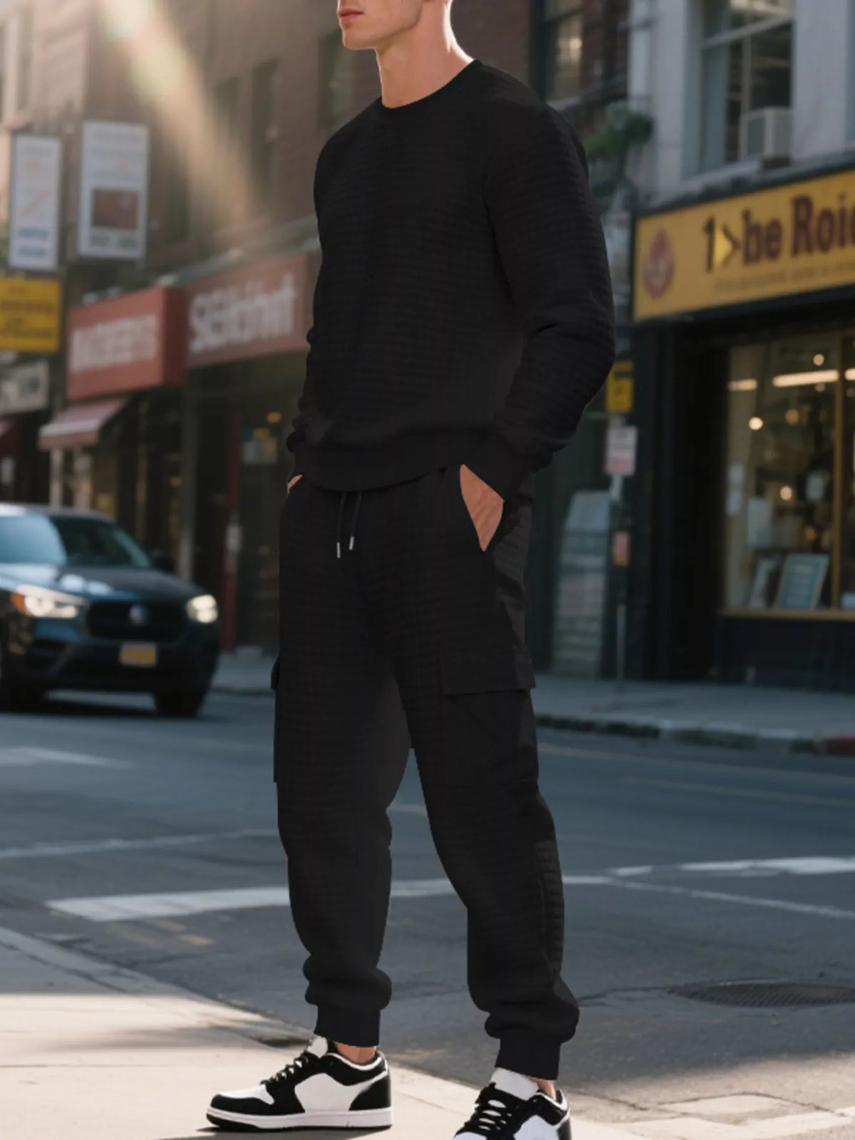Men's Plus Size Waffle Knit Textured Crewneck Sweatshirt and Jogger Set - Lilixa.store