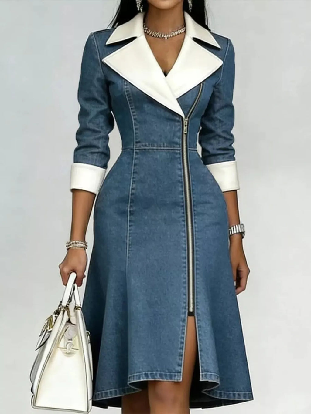 Full Size Contrast Lapel Zip-Front Denim Dress Plus Size - Lilixa.store