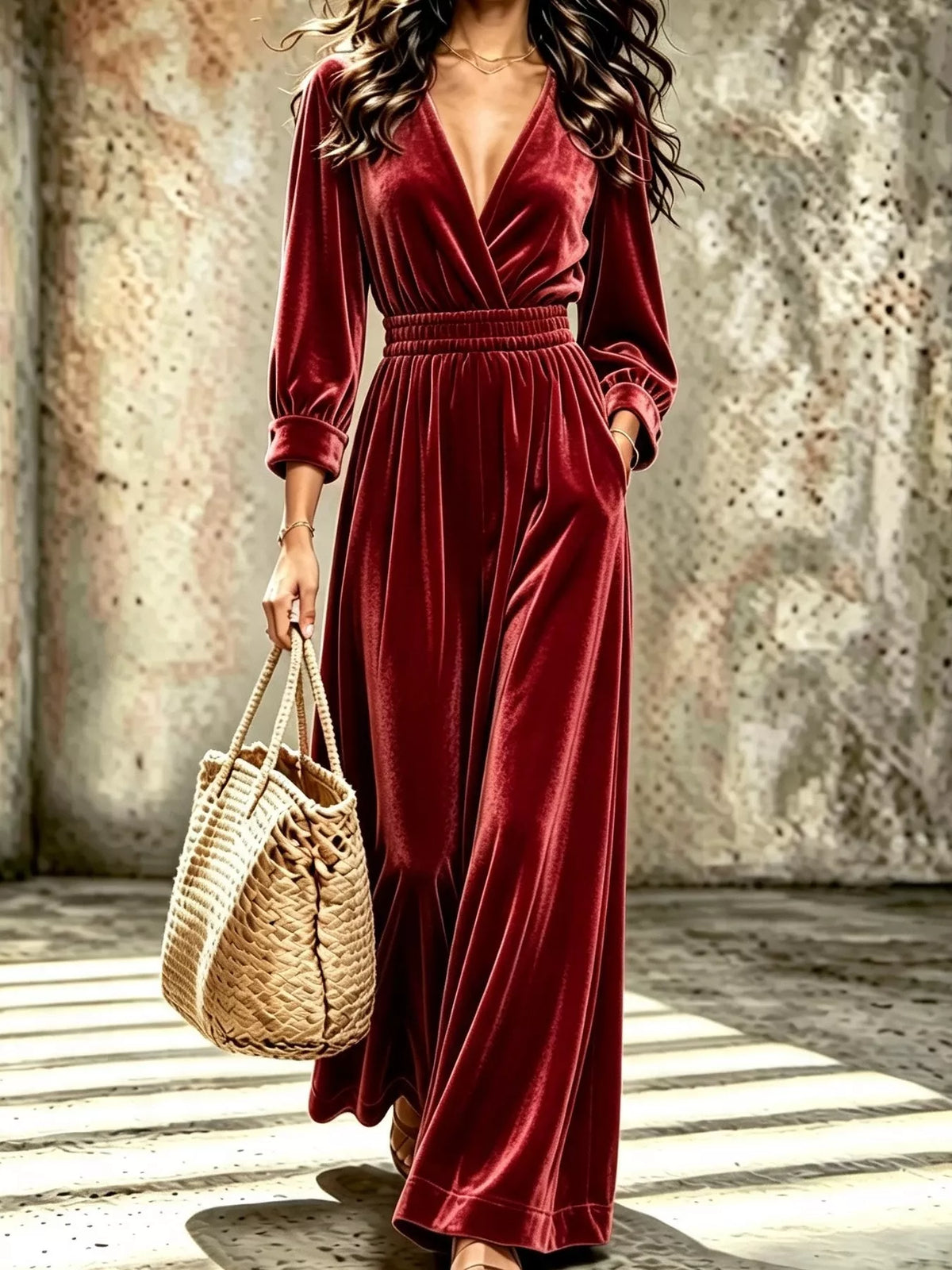 Velvet Surplice Long Sleeve Jumpsuit