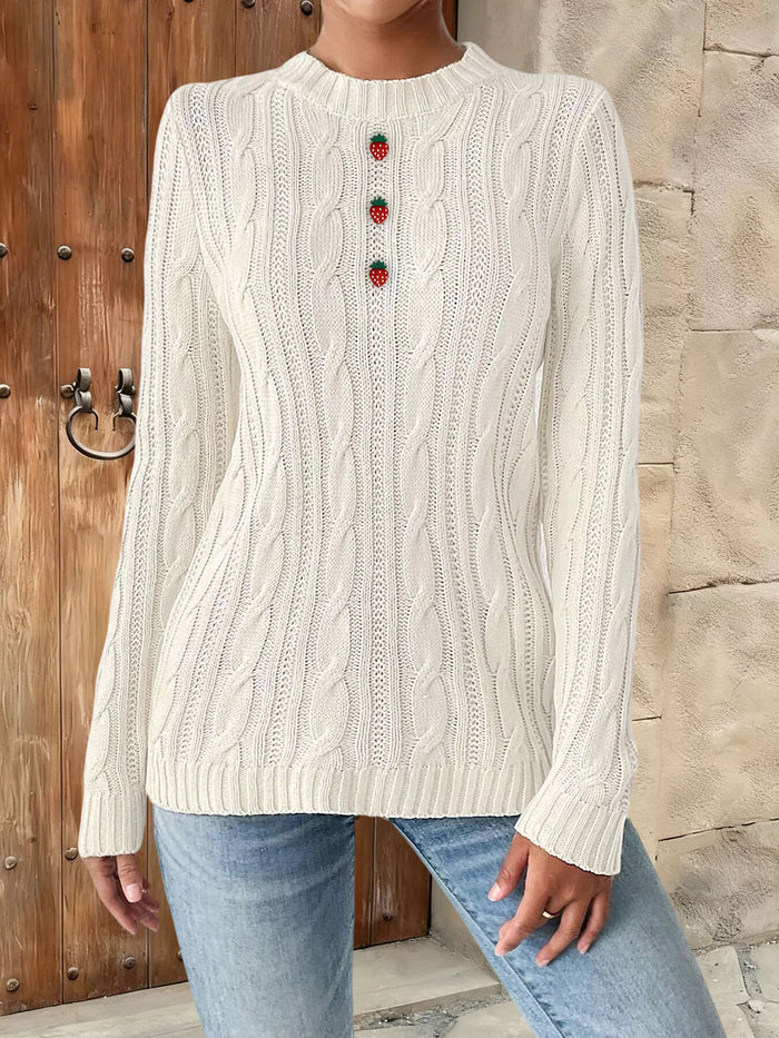 Strawberry Embellished Cable Knit Round Neck Sweater in White