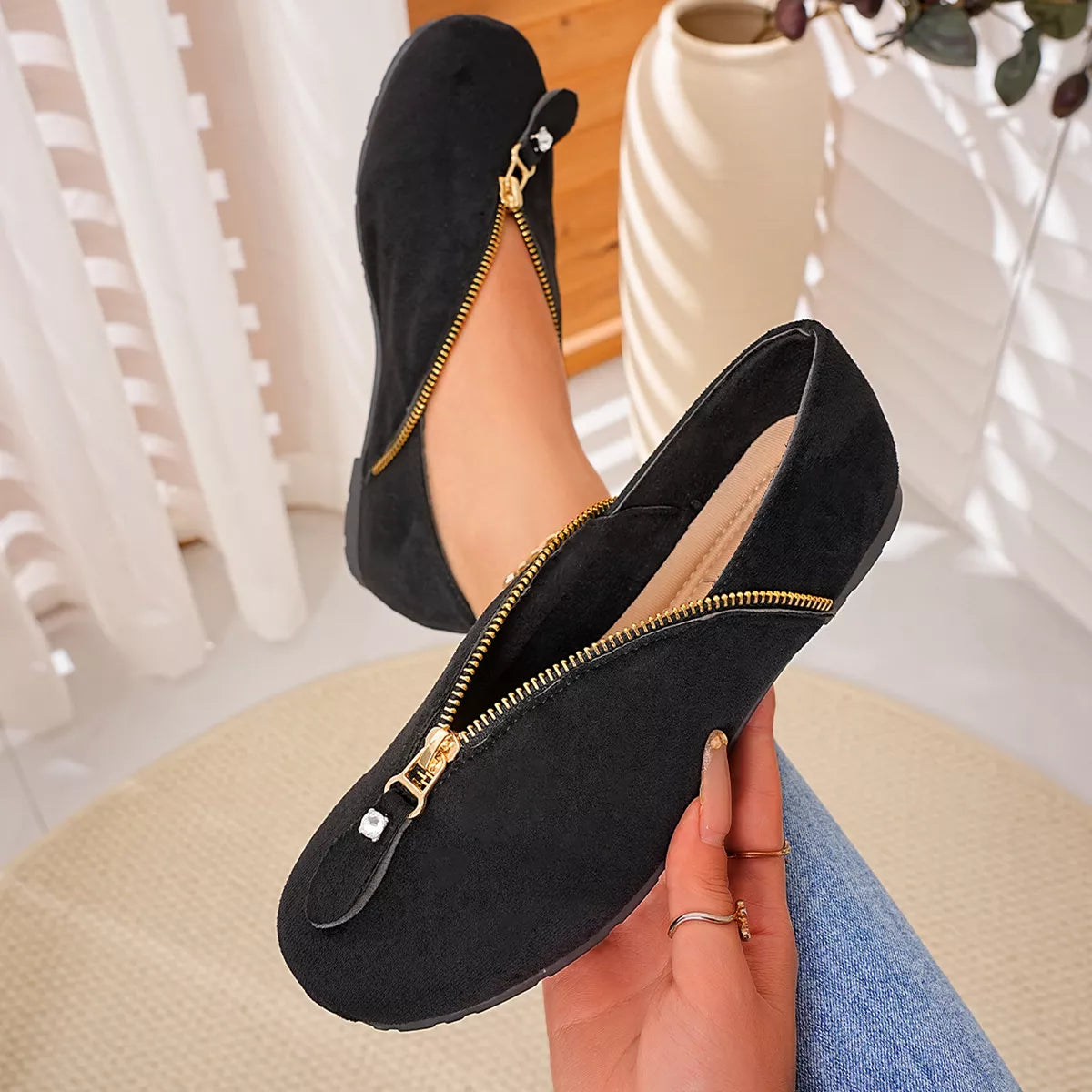 Chic Zipper Detail Flats Slip‑Ons - Lilixa.store
